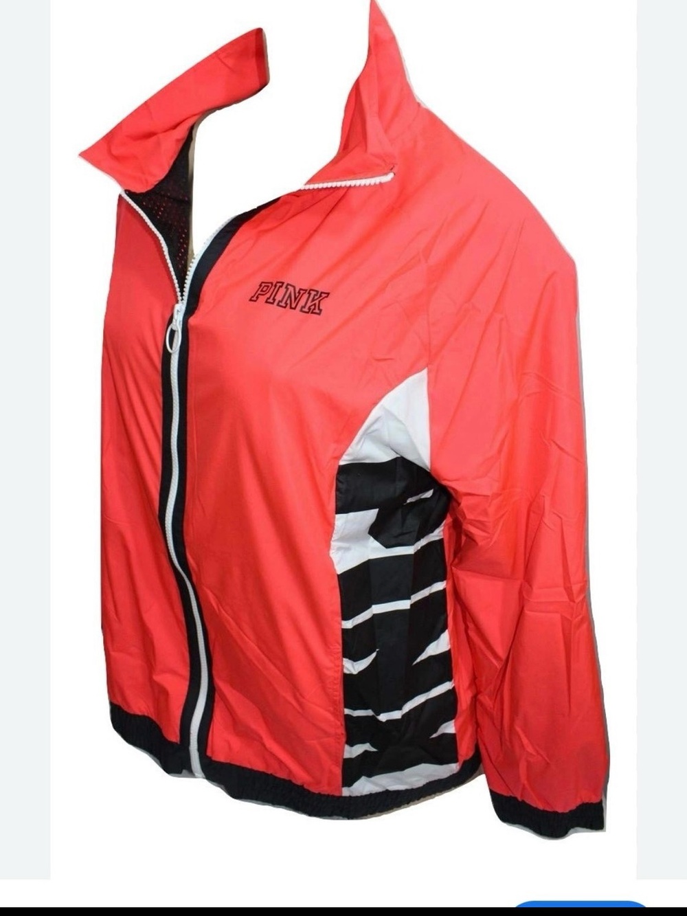 PINK Victoria's Secret Coral Pink Zip-Up Bomber Jacket with Black & White Panels